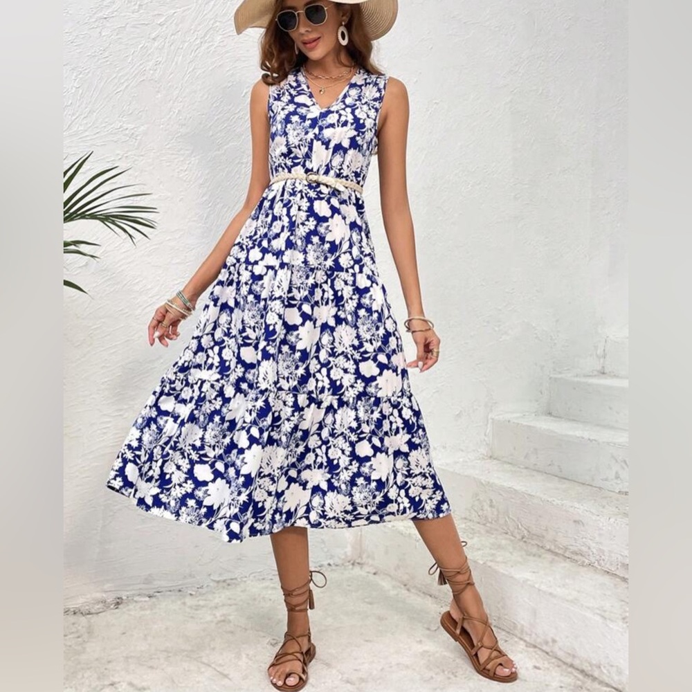 Droimp Vcay Women’s Sleeveless Floral Print Ruffle Hem Dress Blue Size XL